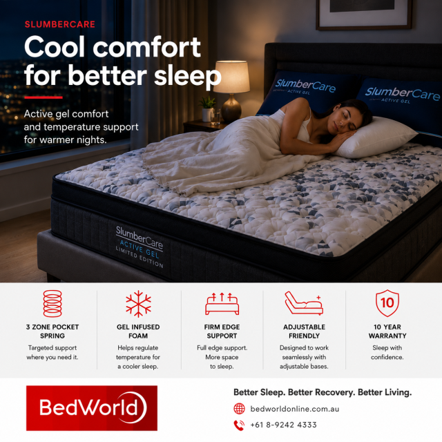 Cool comfort made for warmer nights. ❄️  The Slumbercare Active Gel Limited Edition Mattress is designed to help you enjoy a cooler, more supportive sleep with gel infused foam, 3 zone pocket spring support and firm edge comfort.  Made in Perth WA and ba