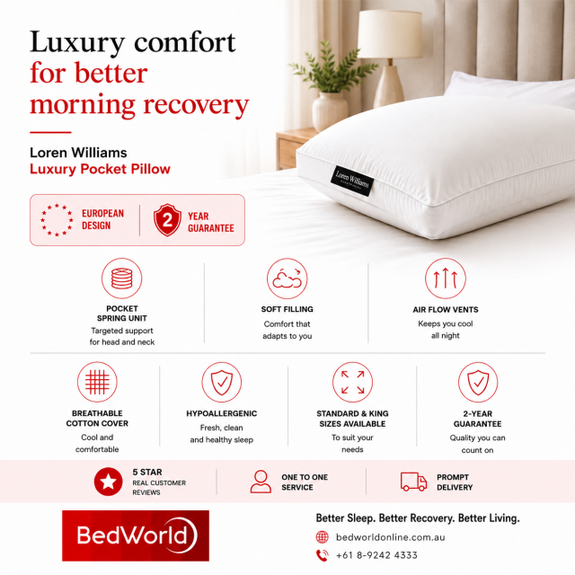 Wake up refreshed with the Loren Williams Luxury Pocket Pillow. Pocket spring support, breathable cotton cover, hypoallergenic filling, and airflow vents deliver superior comfort for deeper sleep, faster recovery, and lasting relaxation every night.