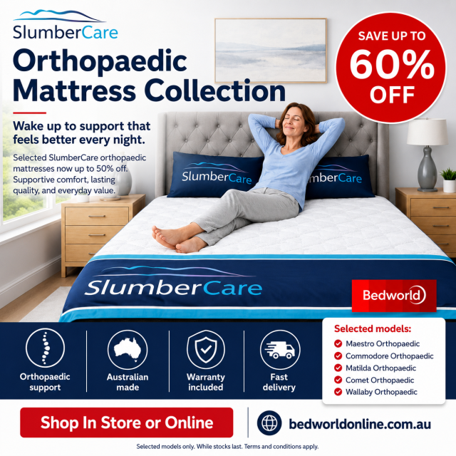 Save up to 60% on selected SlumberCare orthopaedic mattresses at BedWorld. Enjoy supportive comfort, Australian-made quality, warranty coverage and fast delivery across selected models. Shop in store or online while stocks last.