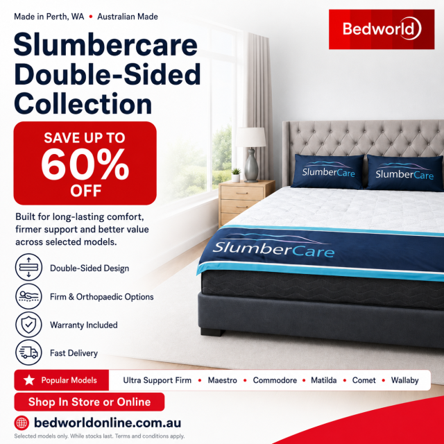 Save up to 60% on the Slumbercare Double-Sided Collection! 🛏️ Firm & orthopaedic support, Australian made in Perth. Shop Ultra Support Firm, Maestro, Commodore & more. Better sleep starts here. 🇦🇺 Shop now at Bedworld! #BedworldPerth
