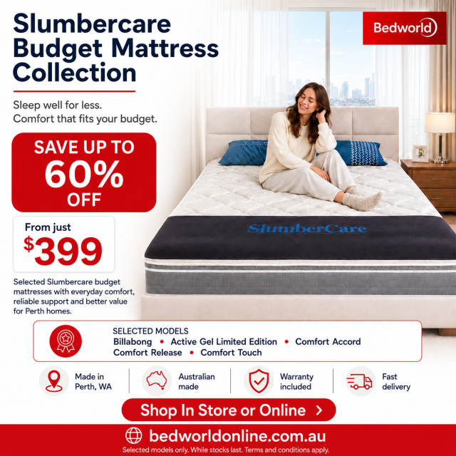 Save up to 60% on selected SlumberCare budget mattresses at BedWorld, with prices from just $399. Enjoy Australian-made comfort, reliable support, warranty coverage and fast delivery. Shop in store or online while stocks last.