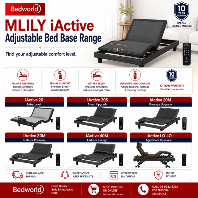 Discover the MLILY iActive adjustable bed base range at BedWorld, including entry-level, massage, premium and aged-care models. Enjoy personalised comfort, pressure relief, spinal support and a 10-year warranty. Shop in store or online.