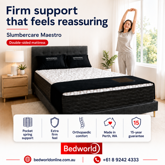Experience reassuring firmness with the Slumbercare Maestro double-sided mattress. Pocket spring support, orthopaedic comfort and an extra-firm feel provide lasting stability, backed by Perth craftsmanship and a 15-year guarantee.