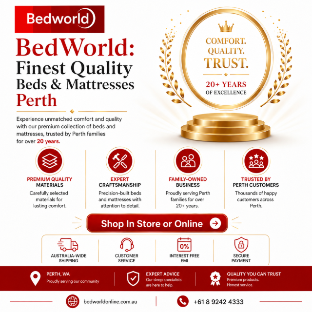 Discover premium beds and mattresses at BedWorld Perth, trusted by local families for over 20 years. Enjoy quality materials, expert craftsmanship, personalised advice, Australia-wide shipping and secure payment options.