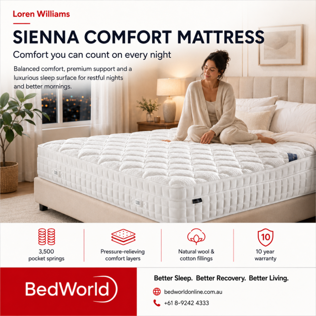 Enjoy balanced comfort with the Loren Williams Sienna Comfort Mattress. Featuring 3,500 pocket springs, pressure-relieving comfort layers, natural wool and cotton fillings, plus a 10-year warranty for restful sleep night after night.