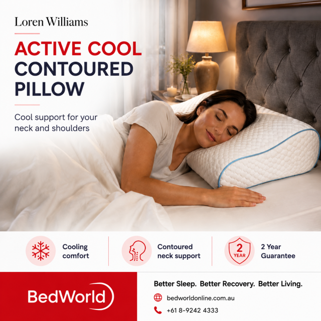 Stay cool and supported with the Loren Williams Active Cool Contoured Pillow. Designed with cooling comfort and contoured neck support, it helps create a more comfortable sleep experience with a 2-year guarantee. Available now at BedWorld.