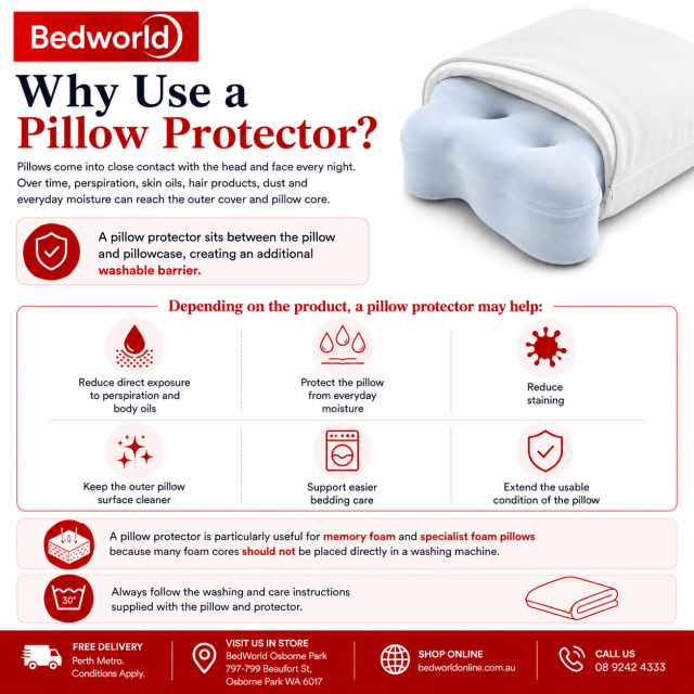 Protect your pillow from moisture, perspiration, oils and everyday stains with a washable pillow protector. It helps keep the sleep surface cleaner, supports easier care and can extend the usable condition of memory foam and specialist pillows.
