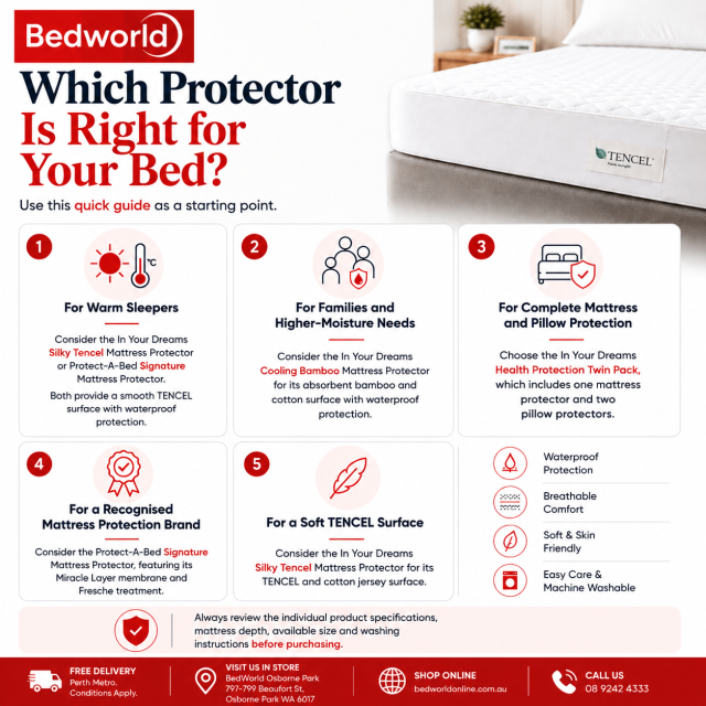 Which Mattress Protector Is Right for Your Bed? Be Choose the right mattress protector for your sleep needs with the BedWorld guide. Compare TENCEL, bamboo and premium protection options designed for warm sleepers, families, complete bed protection and softer, breathable comfort with easy-care features.