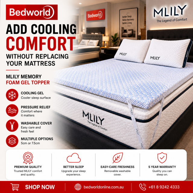 Add cooling comfort without replacing your mattress with the MLILY Memory Foam Gel Topper. Enjoy pressure relief, a cooler sleep surface, an easy-care washable cover, 5 cm or 7.5 cm options, and a 5-year warranty. Shop now at BedWorld.