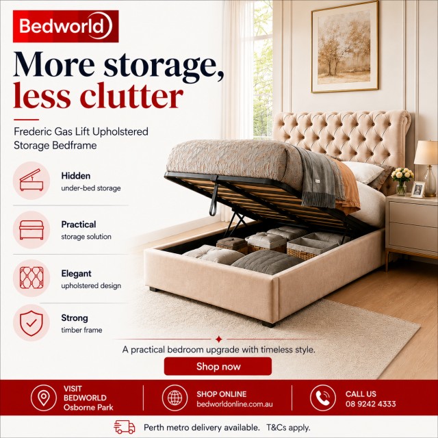 Create more space with the Frederic Gas Lift Upholstered Storage Bedframe. Enjoy hidden under-bed storage, an elegant upholstered finish and a strong timber frame for a practical bedroom upgrade with timeless style. Shop BedWorld today.