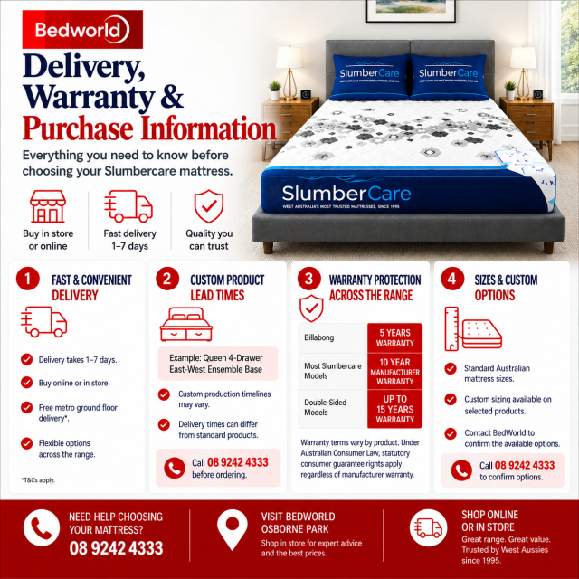 Planning your SlumberCare mattress purchase? Compare delivery times, custom lead times, warranty coverage, standard and custom sizing, plus in-store and online buying options at BedWorld Osborne Park. T&Cs apply.