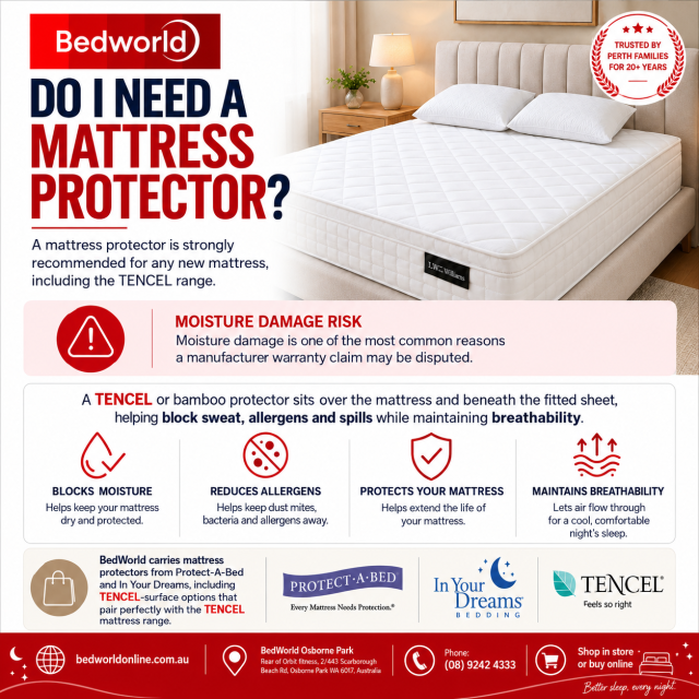 Protect your mattress from moisture, spills and allergens with a breathable TENCEL or bamboo mattress protector. BedWorld offers options from Protect-A-Bed and In Your Dreams to help keep your mattress cleaner, drier and protected for longer.