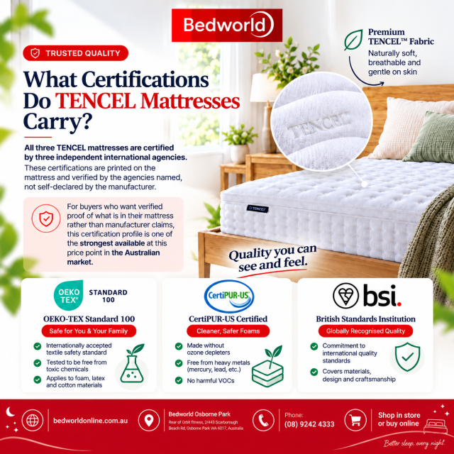 Discover the certifications behind TENCEL mattresses, including OEKO-TEX® Standard 100, CertiPUR-US® and BSI standards. Learn how verified materials, breathable TENCEL™ fabric and quality testing help create a comfortable, trusted sleep experience.
