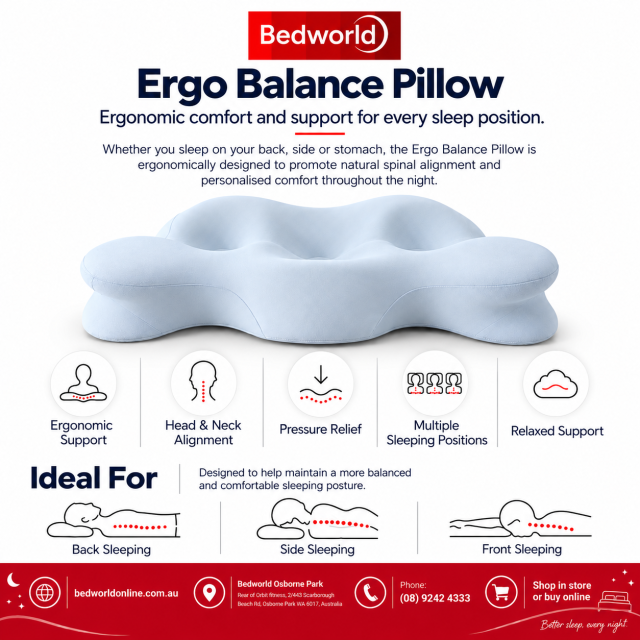 Discover the Ergo Balance Pillow, designed for ergonomic support, head and neck alignment and pressure relief. Suitable for back, side and front sleepers, it helps promote balanced comfort throughout the night.