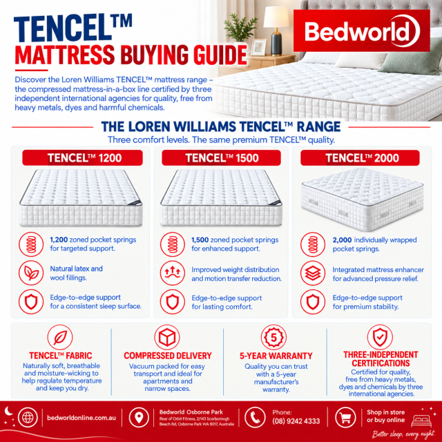 Upgrade your sleep with a Loren Williams TENCEL™ mattress from Bedworld. Choose from 1,200, 1,500 & 2,000 pocket springs for targeted support, comfort and pressure relief. Shop quality mattresses online or in store at Bedworld Osborne Park.