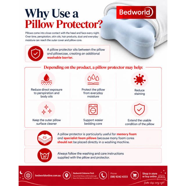 Learn why a pillow protector matters for everyday bedding care. It adds a washable barrier against moisture, perspiration, body oils and staining while helping keep pillows cleaner and easier to maintain, especially memory foam and specialist pillows.