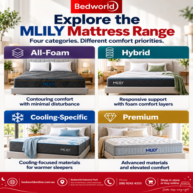 Explore the MLILY mattress range at Bedworld, featuring all-foam, hybrid, cooling-specific and premium options. Discover different comfort and support technologies designed to suit your sleep preferences and help you find the right mattress.