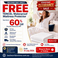 Save up to 60% on selected branded mattresses at BedWorld and receive a FREE TENCEL waterproof mattress protector plus free Perth metro ground-floor delivery. Offer ends 31 July 2026. Selected sizes only. T&Cs apply.