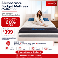 Save up to 60% on selected SlumberCare budget mattresses at BedWorld, with prices from just $399. Enjoy Australian-made comfort, reliable support, warranty coverage and fast delivery. Shop in store or online while stocks last.