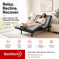Relax, recline and recover with the MLILY iActive 20 Adjustable Bed Base. Enjoy independent head and foot elevation, wireless control, Zero G and anti-snore presets, pressure-relieving comfort and support up to 340 kg.