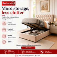 Create more space with the Frederic Gas Lift Upholstered Storage Bedframe. Enjoy hidden under-bed storage, an elegant upholstered finish and a strong timber frame for a practical bedroom upgrade with timeless style. Shop BedWorld today.